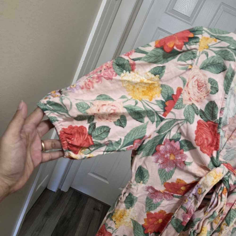 Old Navy Pink & Green Floral Midi Dress | Romantic Puff Sleeve Tie Front Dress - Picture 4 of 6